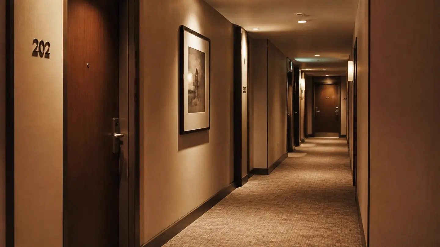 Pasillo de hotel con puertas numeradas.