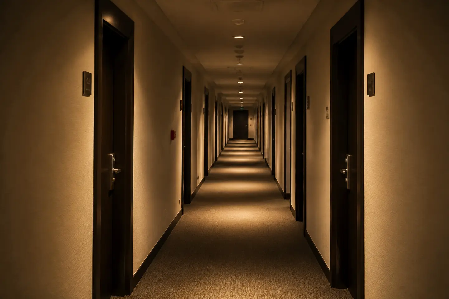 Pasillo de hotel con puertas numeradas.